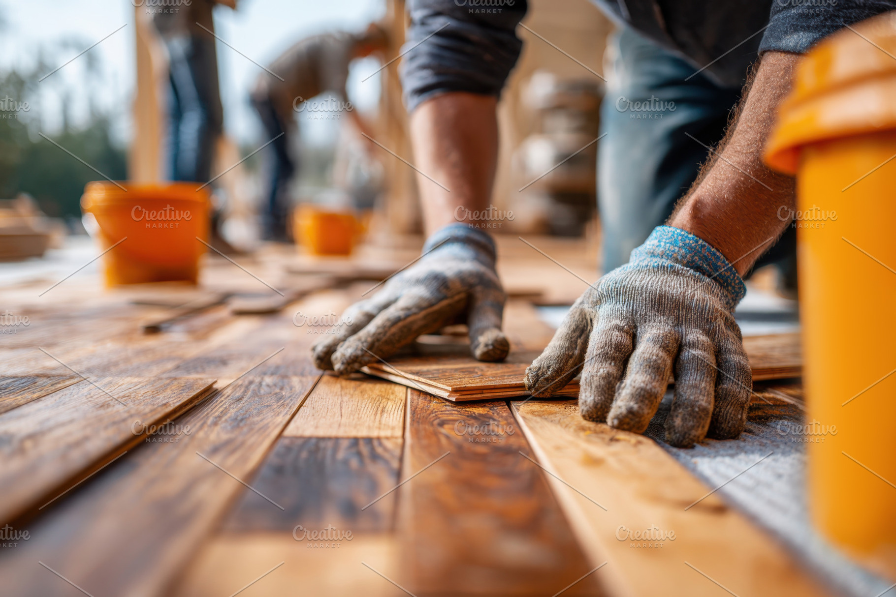 Two workers focus on installing wooden planks on the floor at a construction si, an Industrial Photo by AlyaAnd