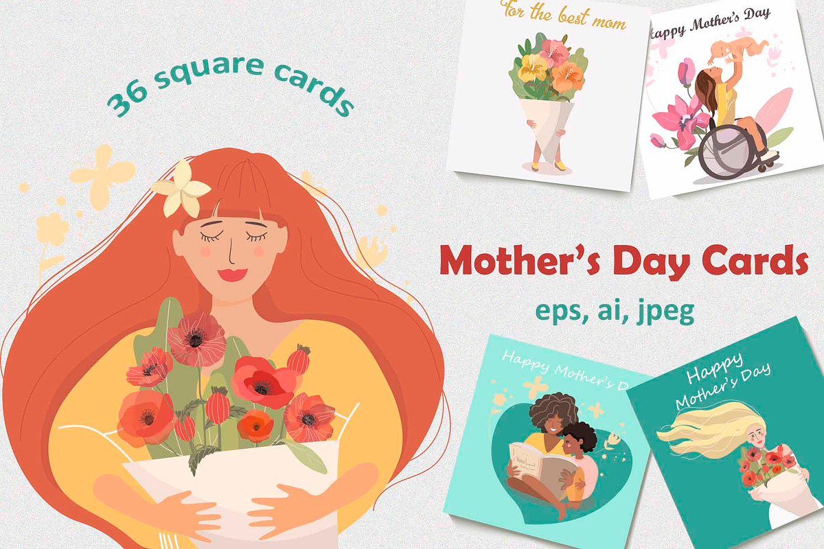 Mother's Day Greeting Cards Set, an Illustration by NataLyaroArt (Photo 1 of 6)