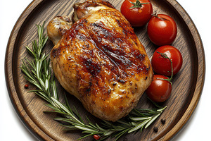 Roasted chicken and tomatoes on a wo, a Food & Drink Photo by Pixeness Studio
