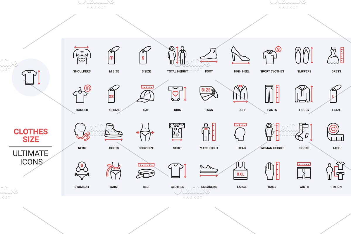 Clothes size guide sizing icons, an Object Illustration by Lemberg Vector