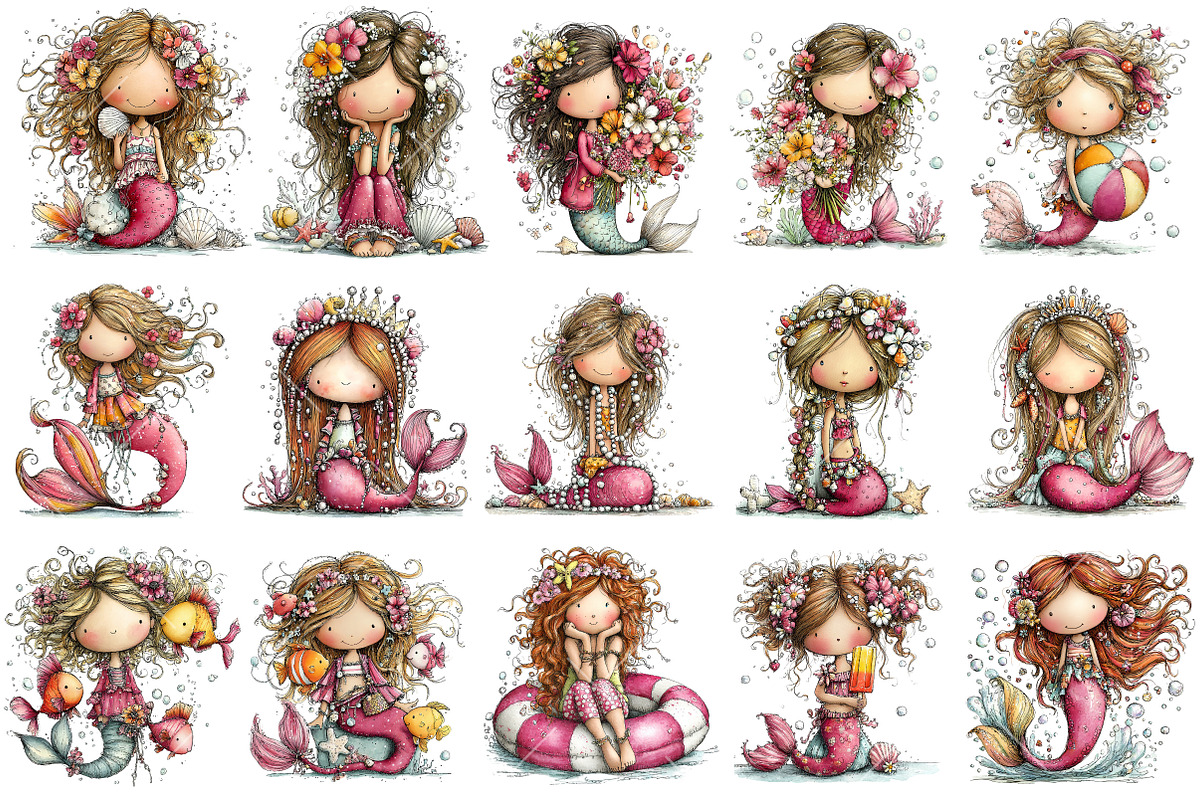 Whimsical Summer Mermaid Clipart, an Illustration by OK Design (Photo 3 of 6)