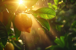 Lemon hanging from a tree branch with sunlight streaming through the foliage, s, a Nature Photo by Mashimara