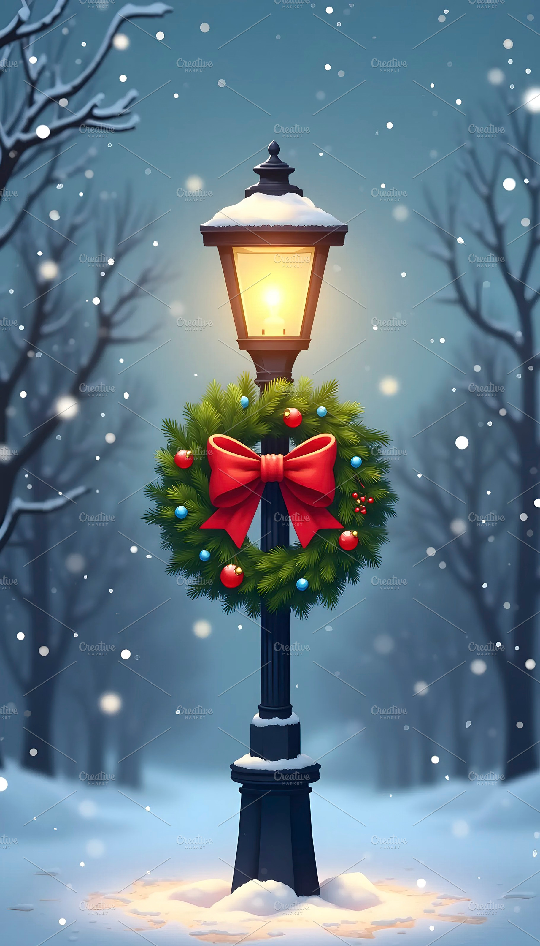 Festive Winter Lamppost Decorated wi, a Photo by LOGOCREATIVE