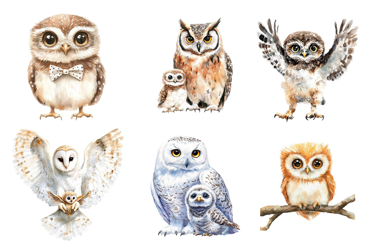 Watercolor Owl & Owlet Clipart, an Illustration by CreationArt (Photo 4 of 5)