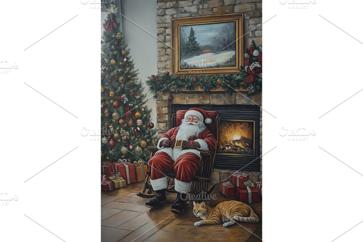 Cozy Santa Scene with Cat Printable, a Decorative Illustration by Art Paradise Studios
