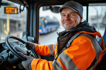 A smiling bus driver wearing an orange safety jacket and gray beanie, seated in, a Person Photo by Textures & Backgrounds