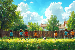 Group of children playing soccer in a sunny backyard with lush surroundings, an Illustration by AS photostudio