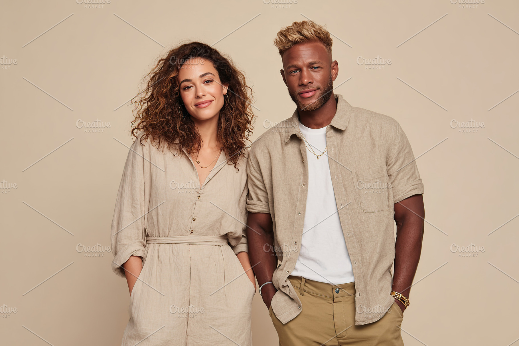 Stylish couple poses together in neutral-toned clothing against a plain backgro, a Photo by AlyaAnd