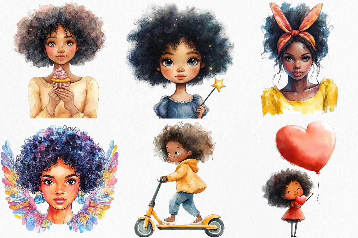 Watercolor Black Afro Girl Clipart, an Illustration by Canvas Craft (Photo 2 of 7)