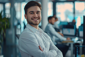 Successful business IT team posing in modern office, a Business Photo by AlyaAnd