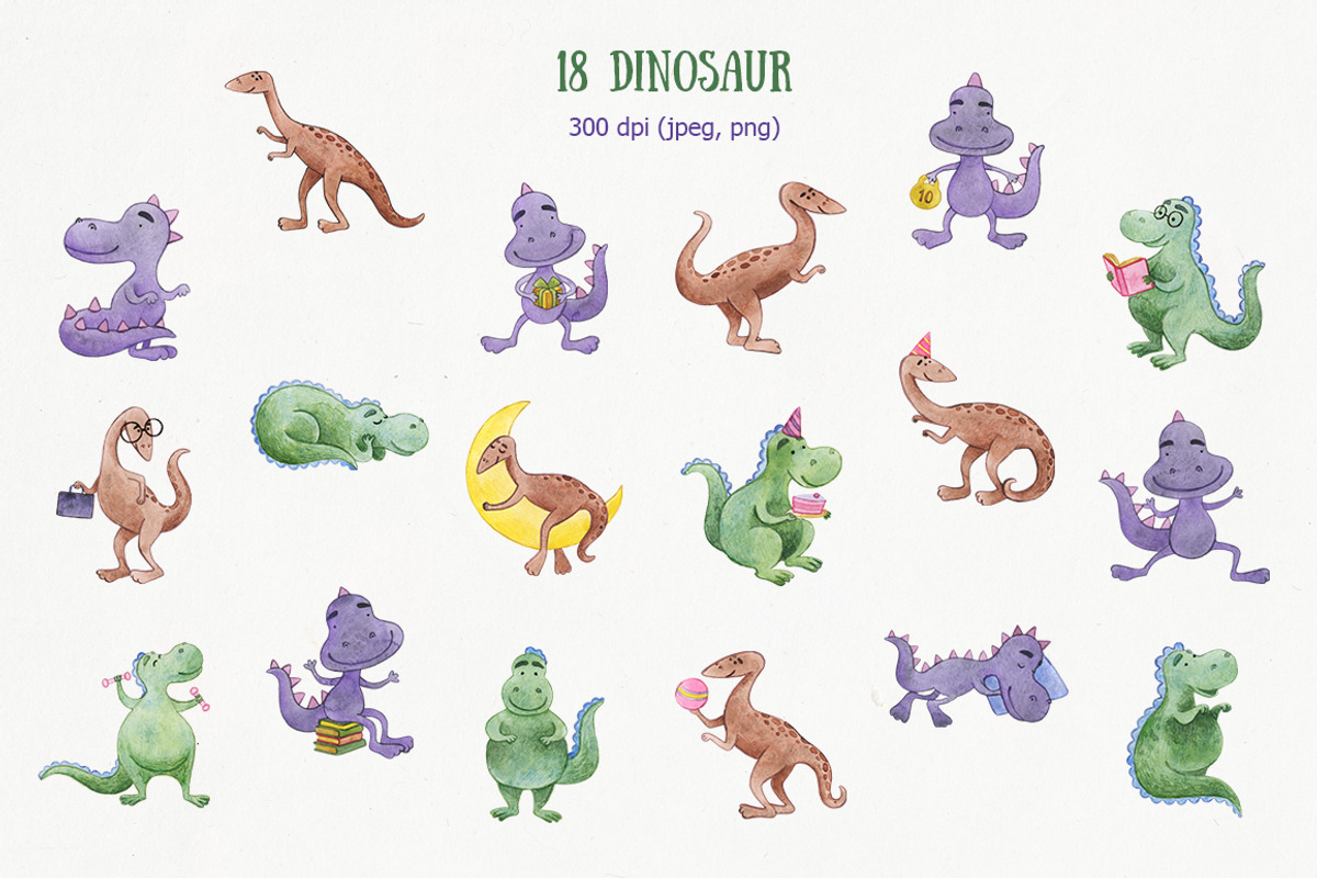 Watercolor dinosaur set, an Animal Illustration by CreativeByLu (Photo 2 of 9)
