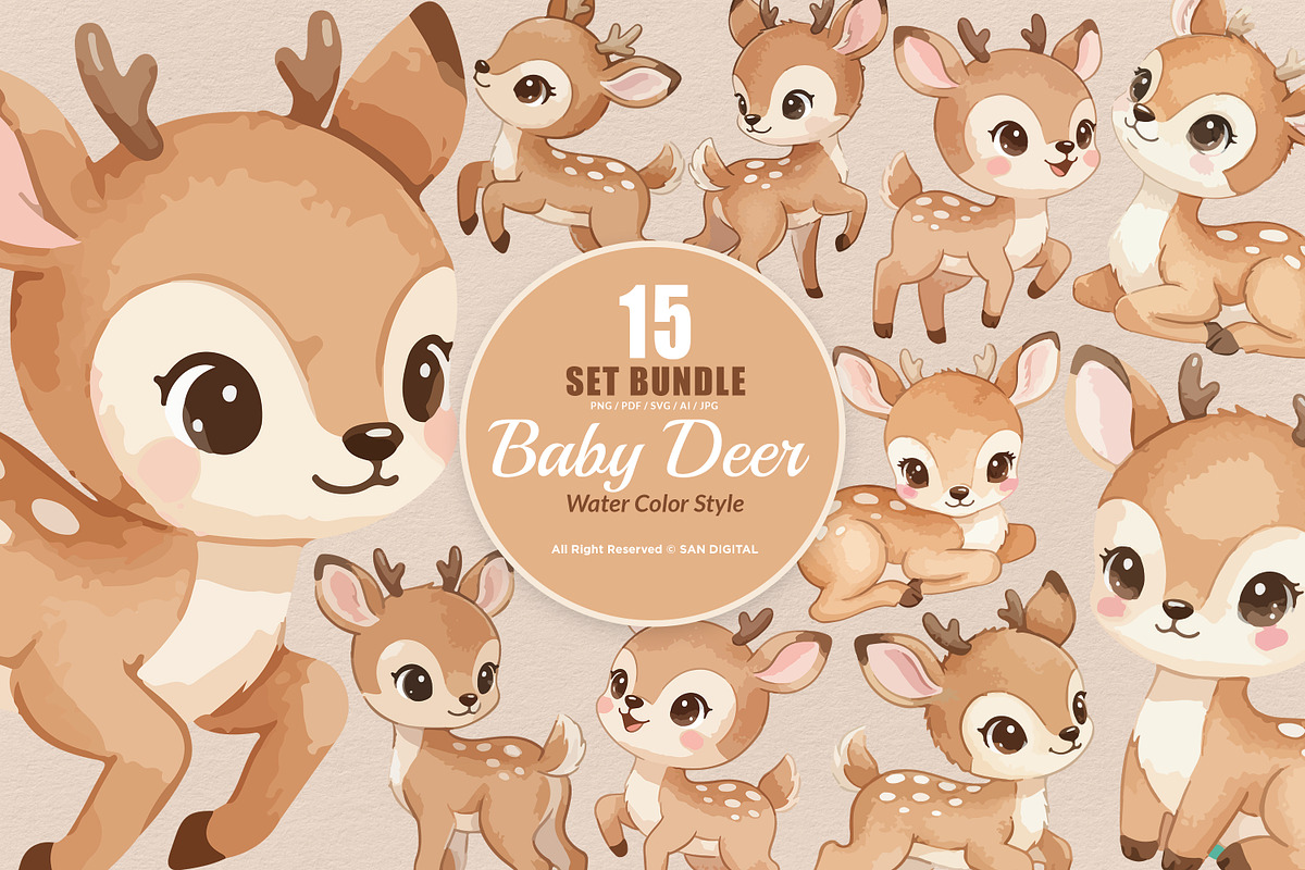 15 Bundle Watercolor Baby Deer Stag, an Animal Illustration by Morspective (Photo 1 of 8)