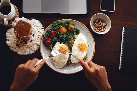 breakfast toast fried egg avocado sesame, a Photo by Art Rachen