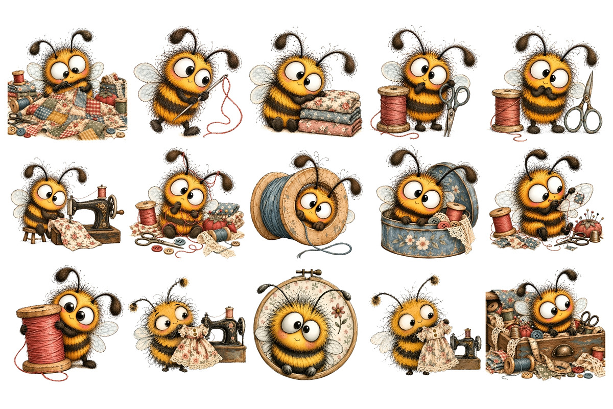 Whimsical Sewing Bees Clipart, a Decorative Illustration by Nicolle's Colorful Art (Photo 5 of 6)