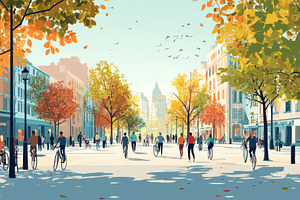 Autumn City Street Cyclists Walkers, a Photo by Pixeness Studio