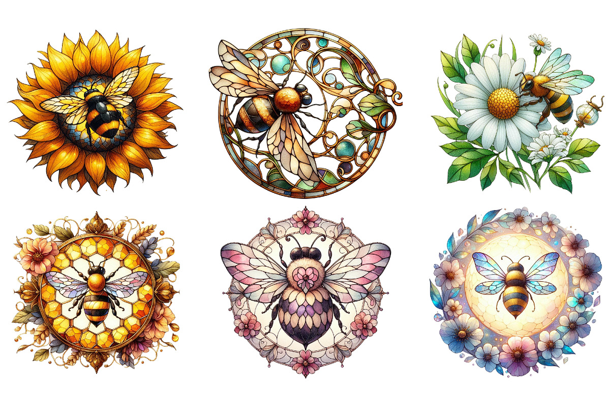 Bee with Flowers Round Stained Glass, an Illustration by DreamArtGraphic (Photo 3 of 4)
