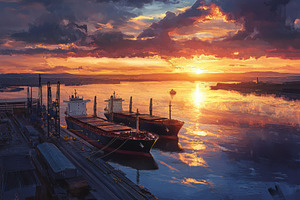 Cargo ships dock at a vibrant sunset, a Photo by Pavel_design