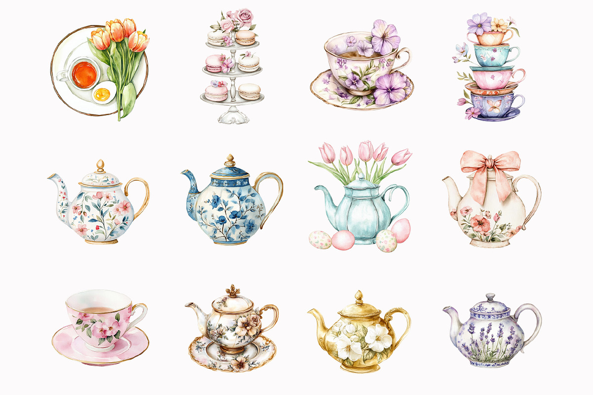 Watercolor Vintage Tulip Tea Time Cl, an Illustration by Design Market (Photo 3 of 4)