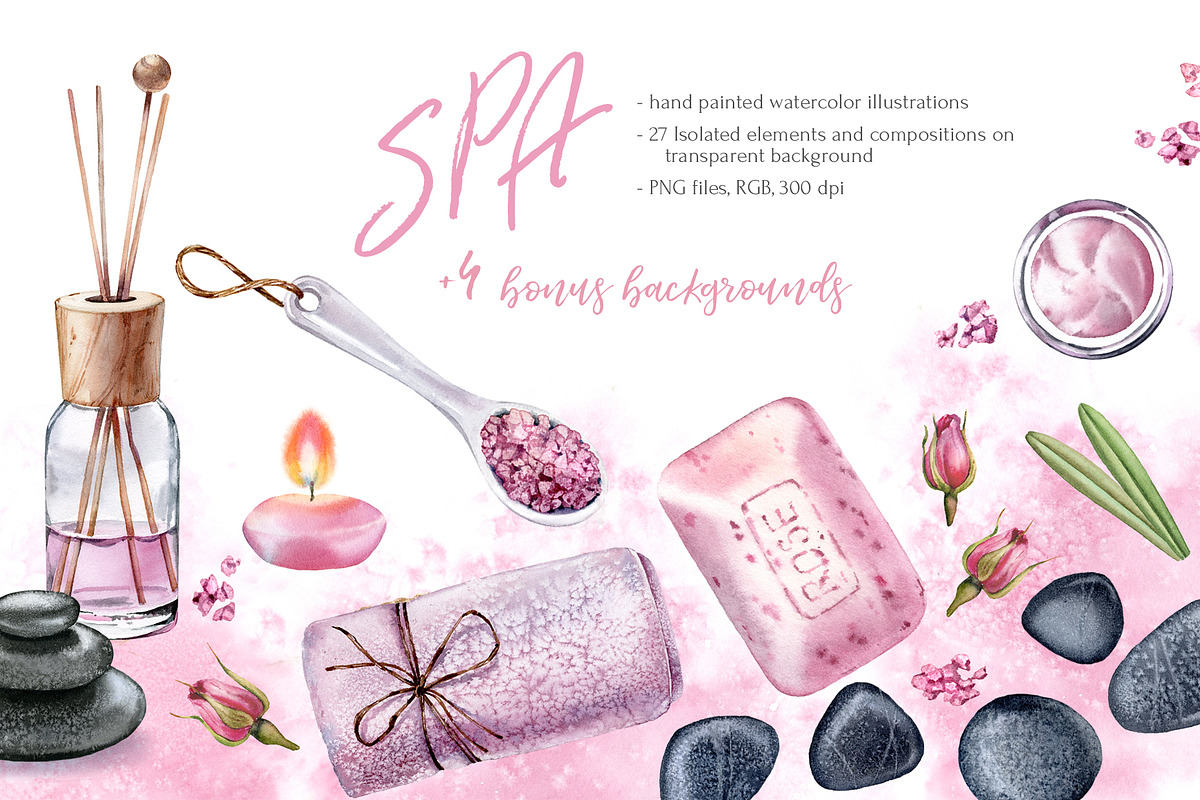 SPA Watercolor Beauty Items Set, an Object Illustration by Akvarelldesign (Photo 1 of 3)