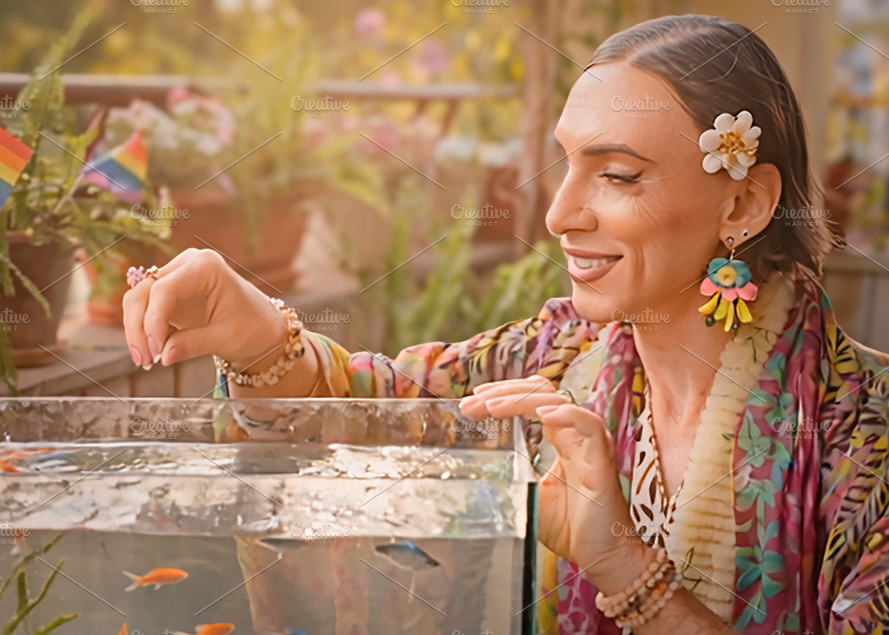 Transgender woman feeding fish on a sunny balcony, a Person Photo by DanFLCreativo