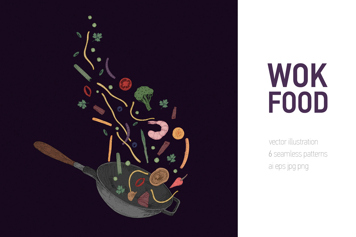 Wok food cards, seamless patterns, a Food Illustration by Good Studio (Photo 1 of 13)