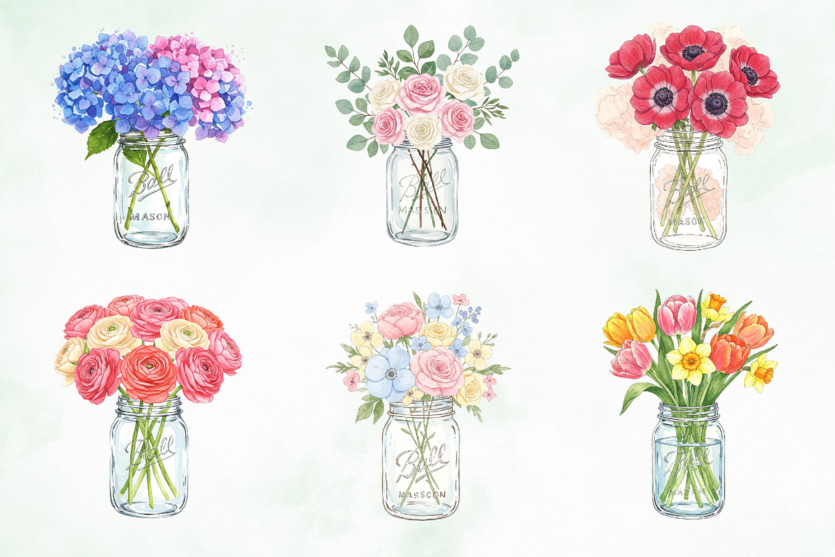 Watercolor Mason Jar Flowers Set, an Illustration by Creative Art (Photo 5 of 9)