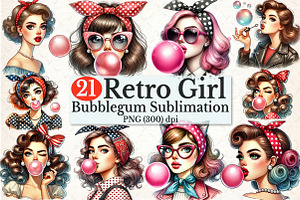 Retro Girl Blowing a Bubblegum Clipa, a Seasonal Illustration by Rose Art