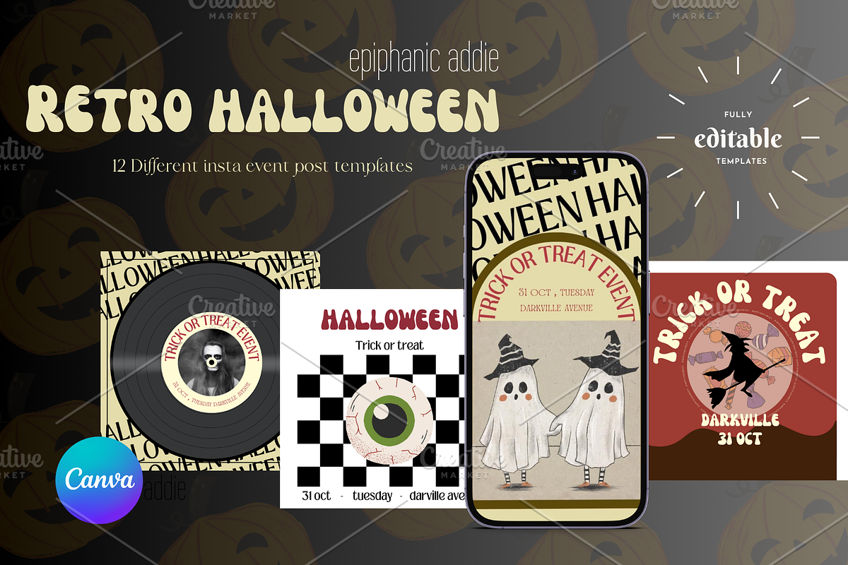 Retro Halloween Insta posts template, a Social Media Template by Epiphanic Addie (Photo 1 of 5)