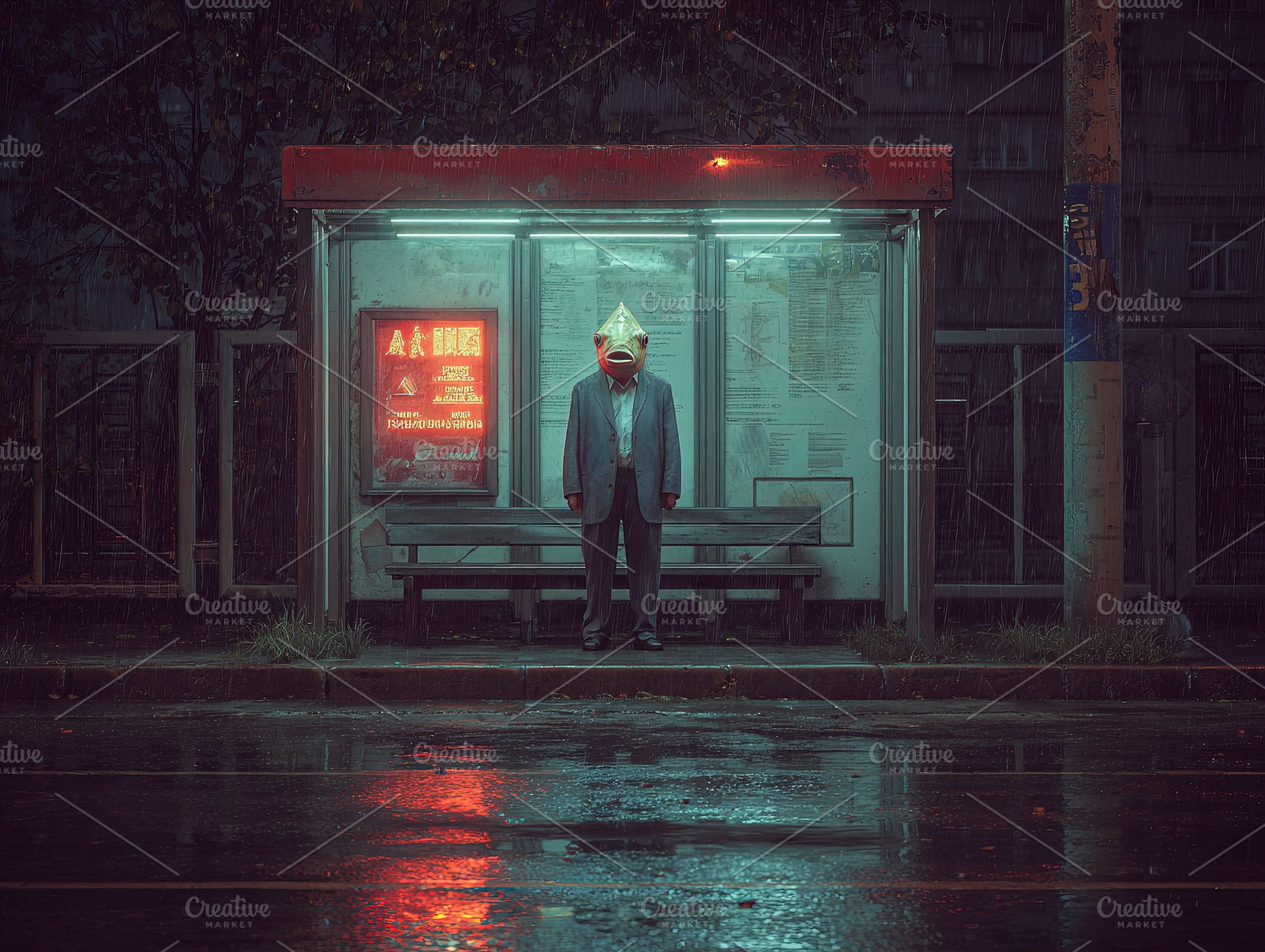 A person in a suit with a paper bag mask stands alone at an illu, an Abstract Photo by Ales Munt