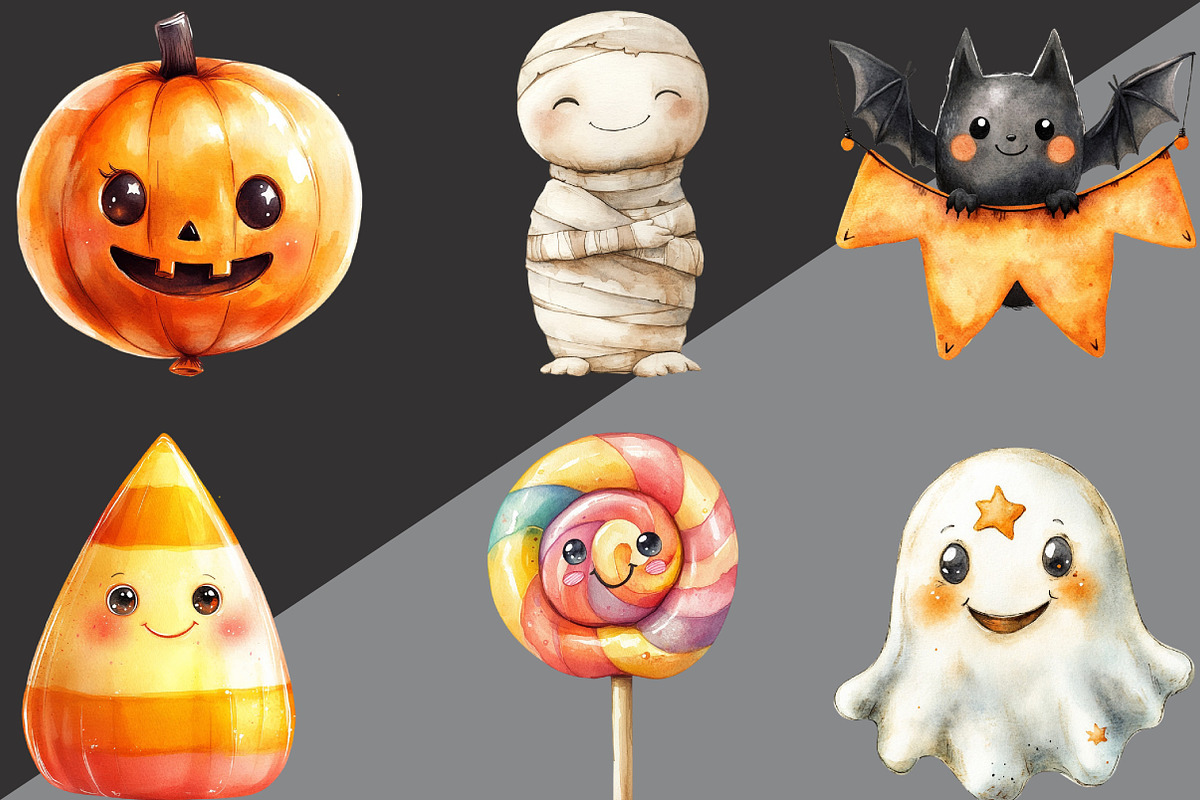 Watercolor Kawaii Halloween Clipart, an Illustration by Black Bird Studio (Photo 6 of 6)