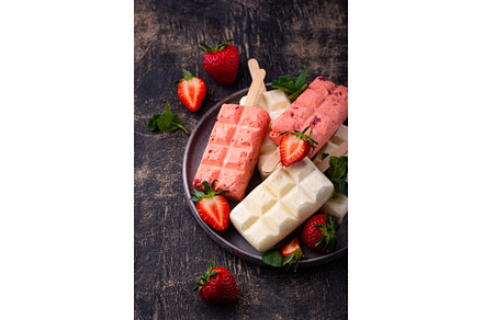 Strawberry ice cream pop sicle with, a Food & Drink Photo by Yulia Furman