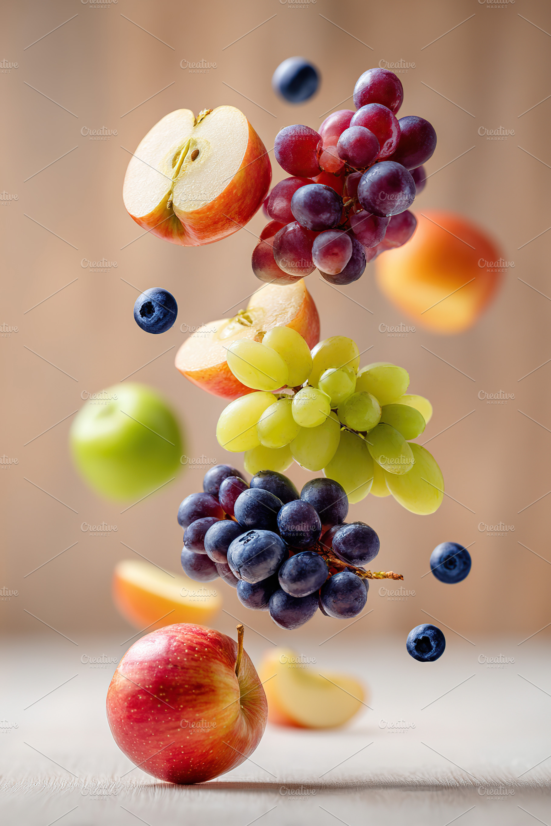 Fresh fruit display featuring grapes, apple slices, and blueberries in a colorf, a Photo by AlyaAnd