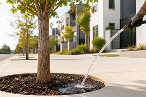 Urban irrigation scene with worker w, a Photo by Dvoevnore photos