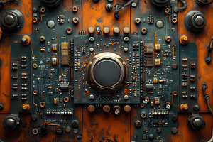 Circuit board with rust and intricat, a Photo by Tanuart