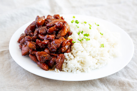 Homemade Teriyaki Chicken with White Rice on A Plate, low angle, a Food & Drink Photo by LiudmylaChuhunova