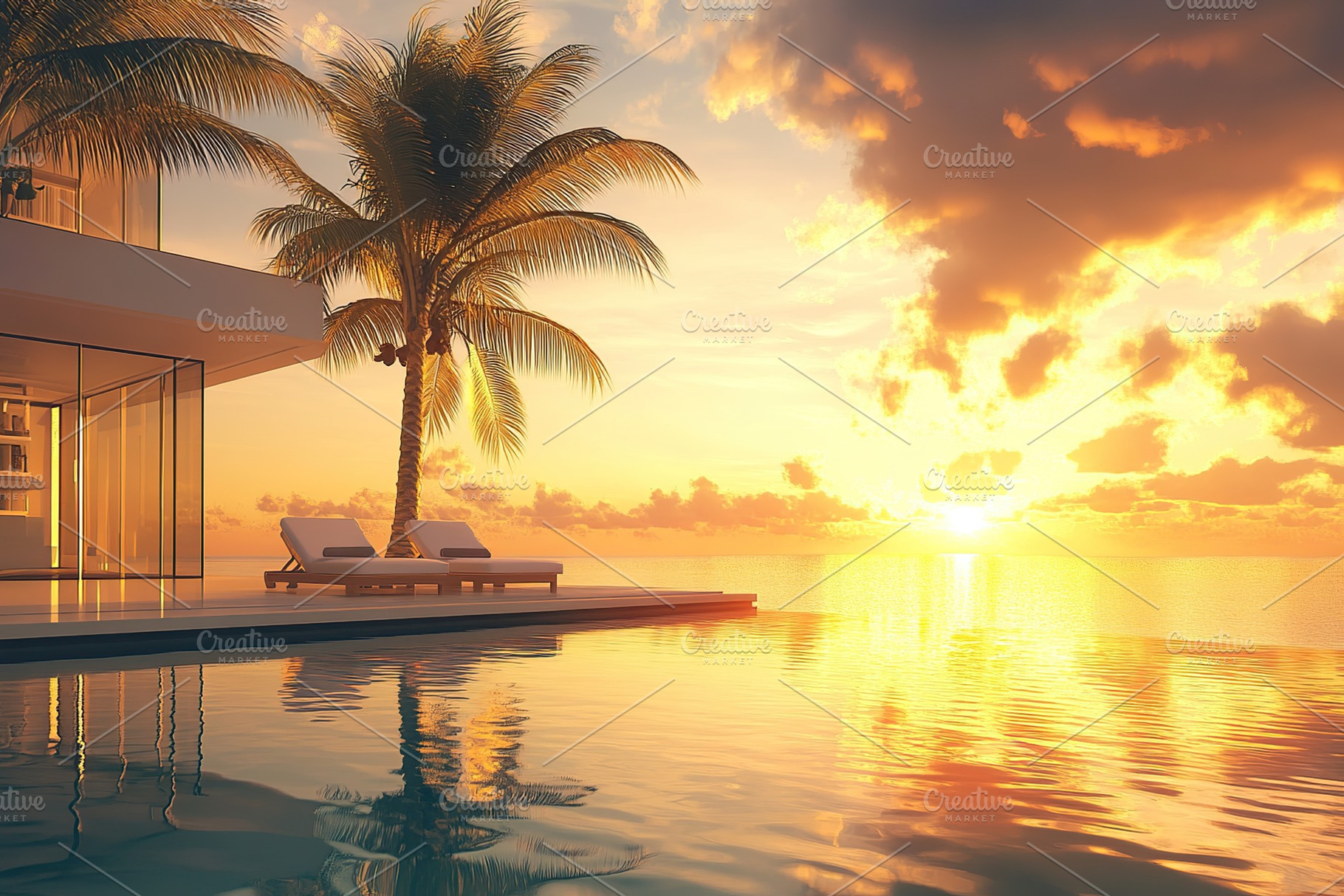 Luxurious villa with glass windows and swimming pool overlooking a sunset over, a Nature Photo by AlyaAnd
