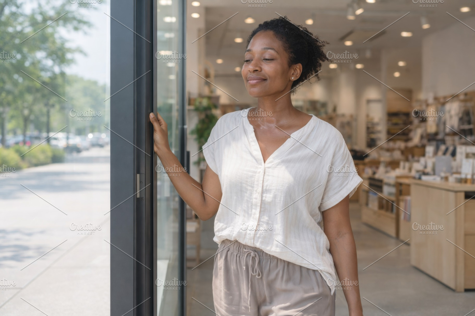 Woman entering store on hot summer d, a Photo by Dvoevnore photos