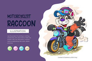 Cartoon Raccoon Motorcyclist. SVG., an Animal Illustration by KENO Mascots