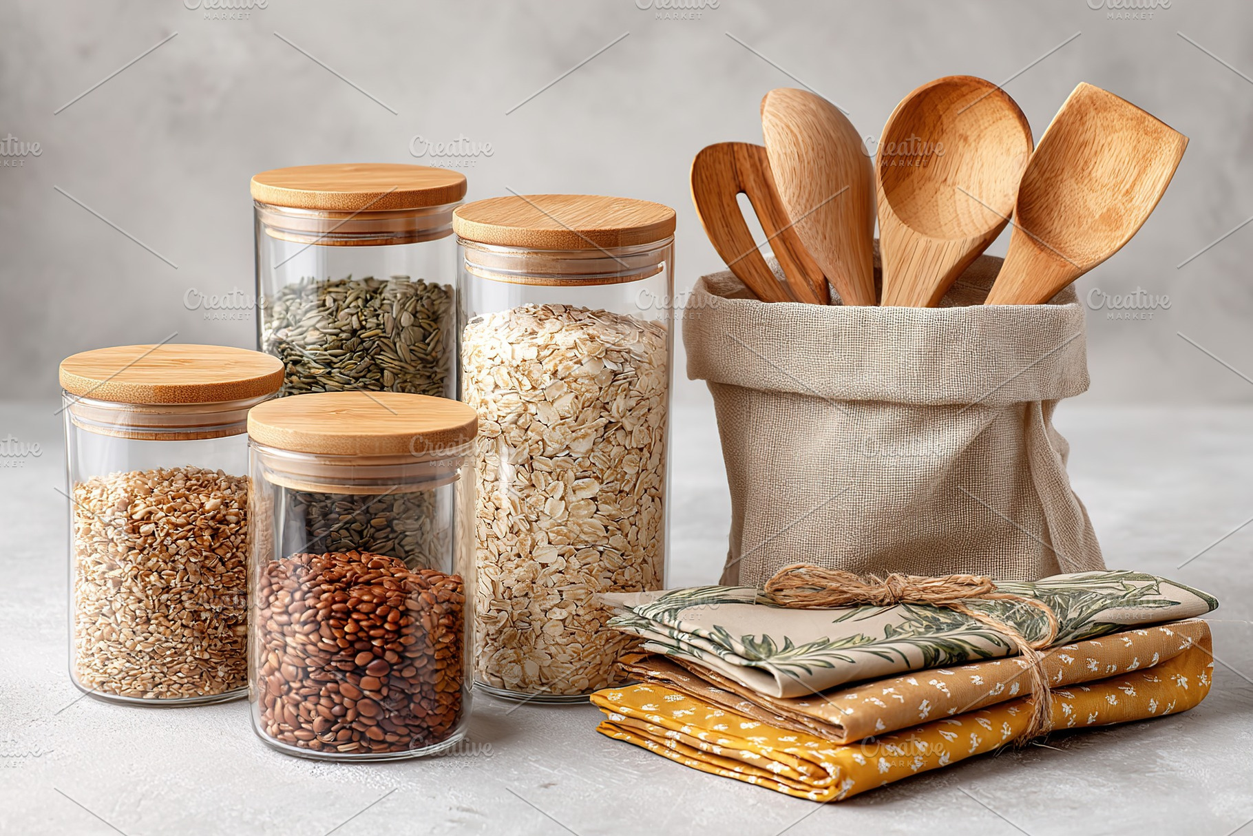 Stylish kitchen mockup featuring jars of grains and wooden utensils in a cozy s, a Food & Drink Photo by AlyaAnd