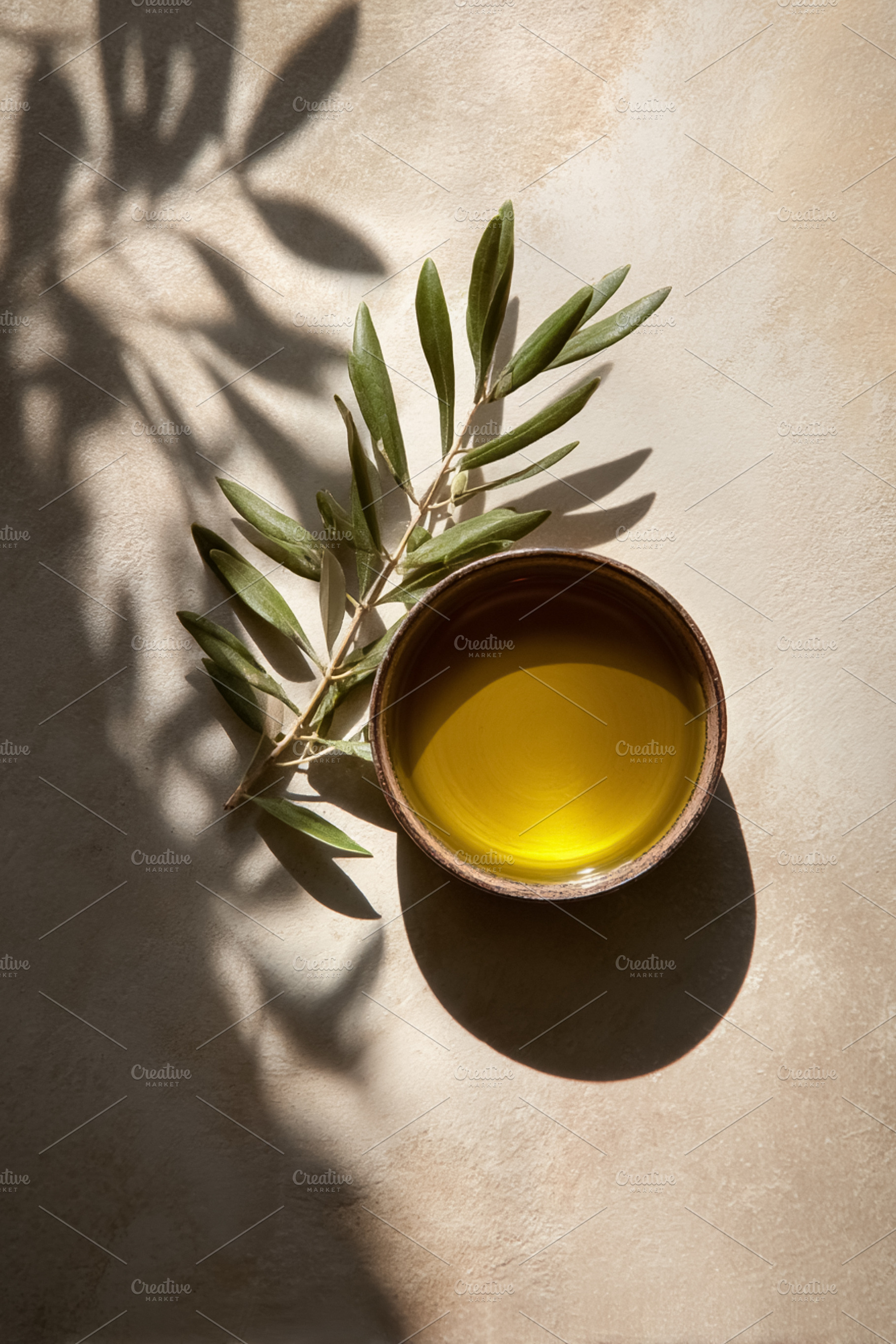 Olive oil in ceramic bowl with fresh olive branch and sunlight c, a Photo by Studio ANNA