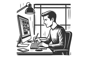Young Man Working Computer Digital, a Person Illustration by AlexArt