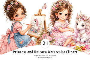 Princess and Unicorn Watercolor, a Seasonal Illustration by CreationArt