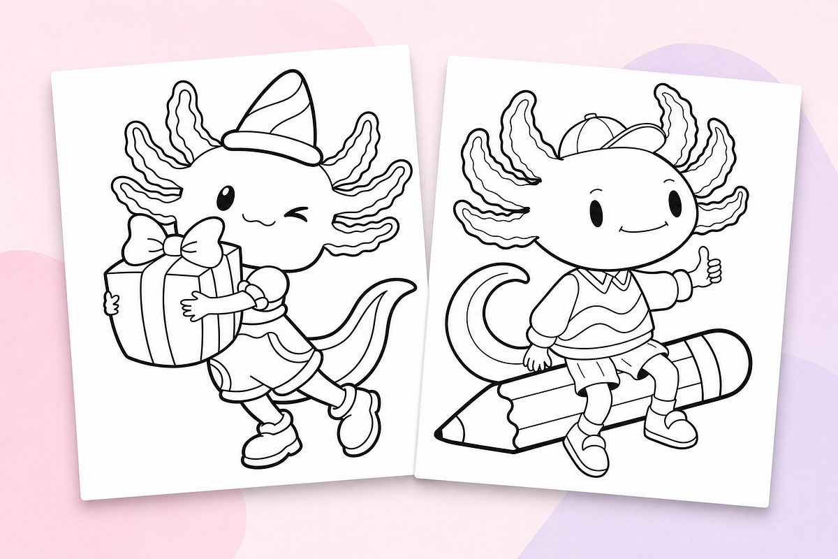 Cute Axolotl Coloring Pages for Kids, an Animal Illustration by Inkivelle Studio (Photo 2 of 3)