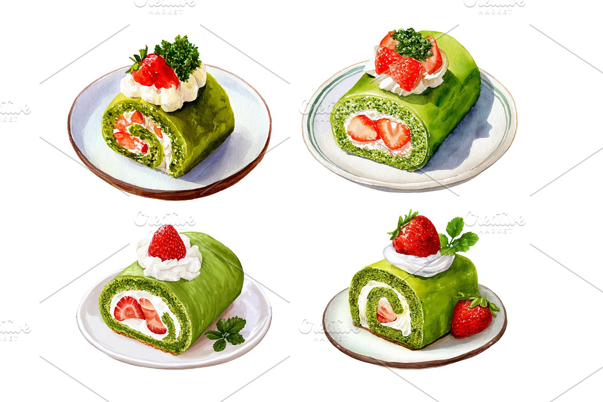 Matcha Strawberry Roll Cake Clipart, a Food Illustration by Stellalunarts (Photo 1 of 3)