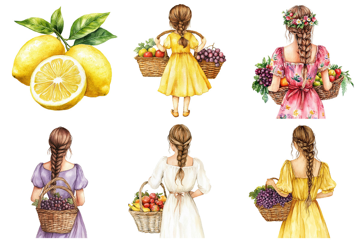 Watercolor Fruits Girl Clipart, a Seasonal Illustration by CitraGraphics (Photo 3 of 6)