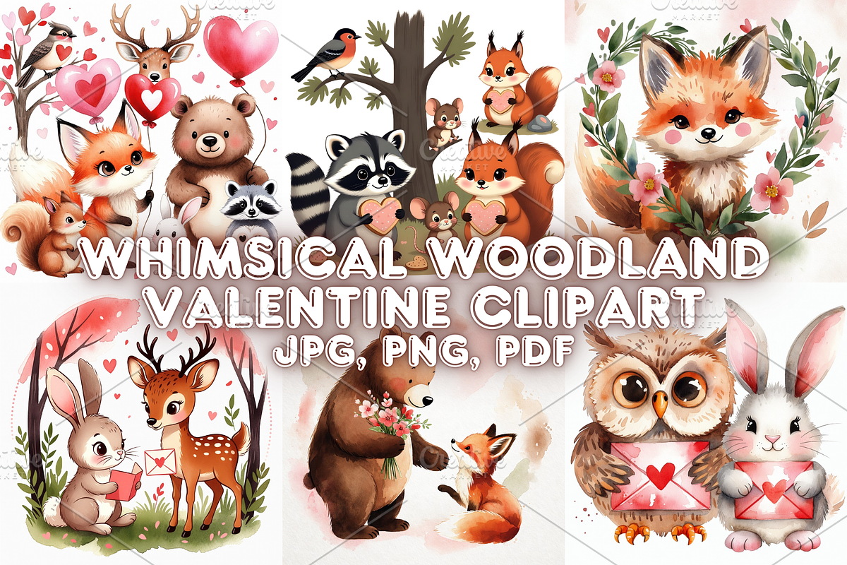 Whimsical Woodland Valentine Clipart, a Seasonal Illustration by Creative design (Photo 1 of 7)