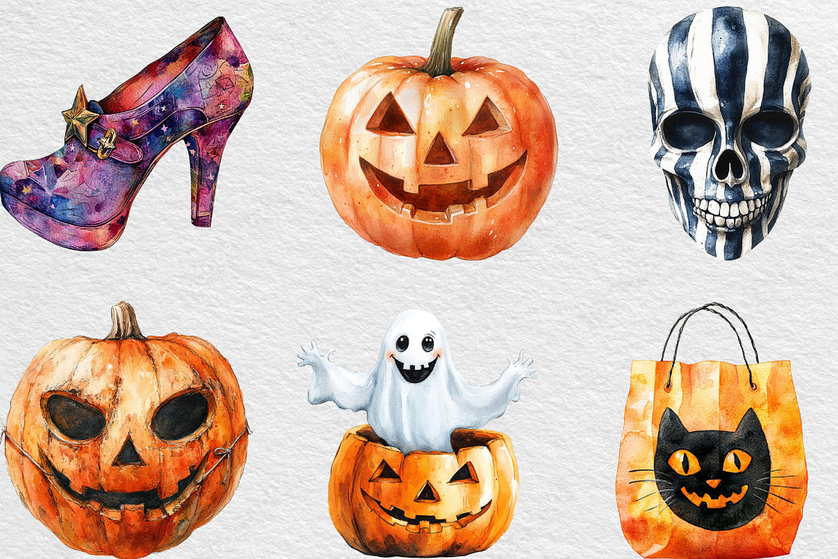 Watercolor Vintage Halloween Clipart, an Illustration by Black Bird Studio (Photo 6 of 6)