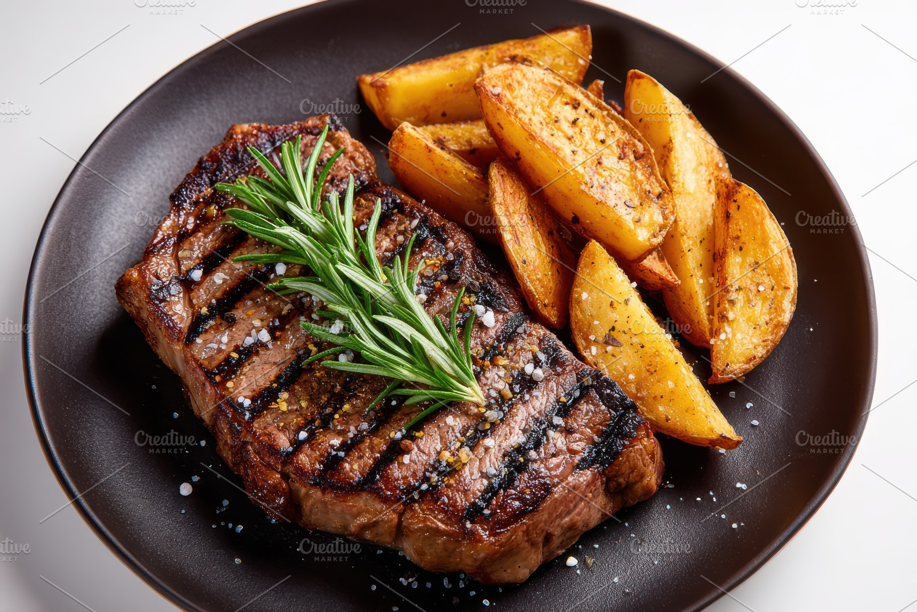 Grilled steak rosemary garnish potat, a Photo by Pixeness Studio