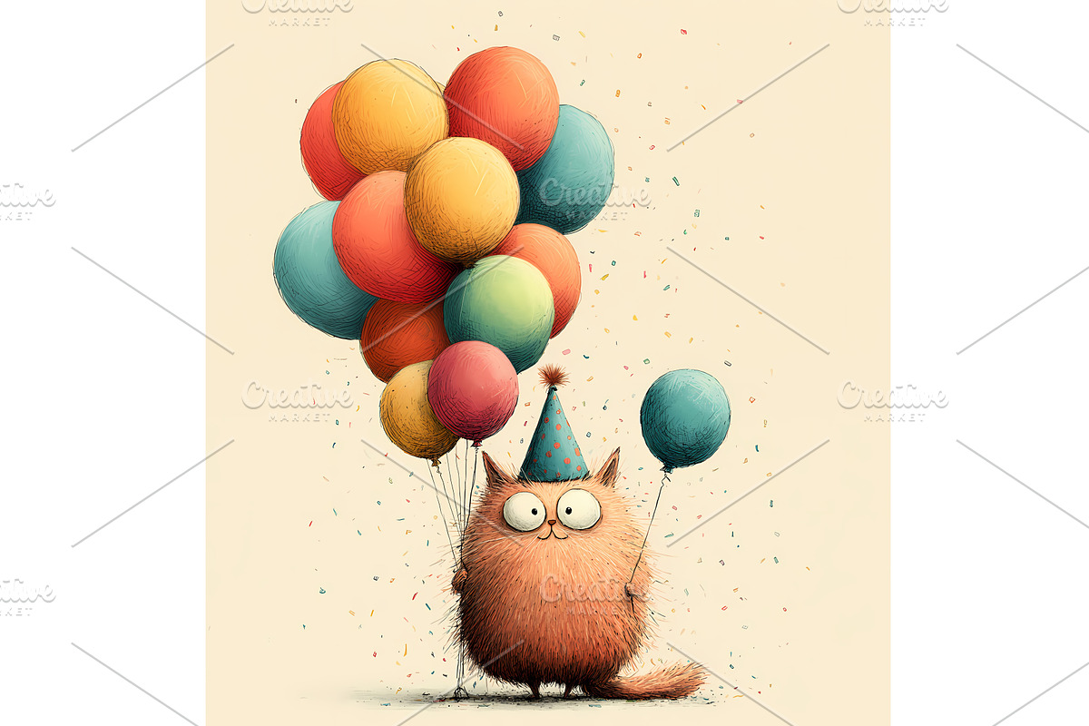 Cute birthday postcard with cat and, an Illustration by Lukas Jonaitis SHOP