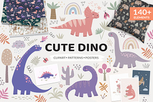 CuteDino clipart, patterns & posters